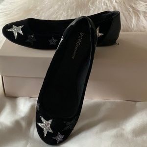 BCBG Black velvet & leather flats with glitter stars. Size 8.5 Medium/38.5